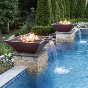 Foyer de Feu avec Cascade : Bol Aromatique pour Piscine et Éléments Aquatiques 💧🔥