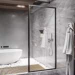 Porte de Douche de Baignoire en Verre Trempé Fixe avec Cadre Noir Satiné Seawin