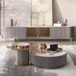 Meuble TV de luxe pour salon avec éclairage italien Meuble TV moderne et lisse pour comptoir Affichage en verre Meuble TV en bois